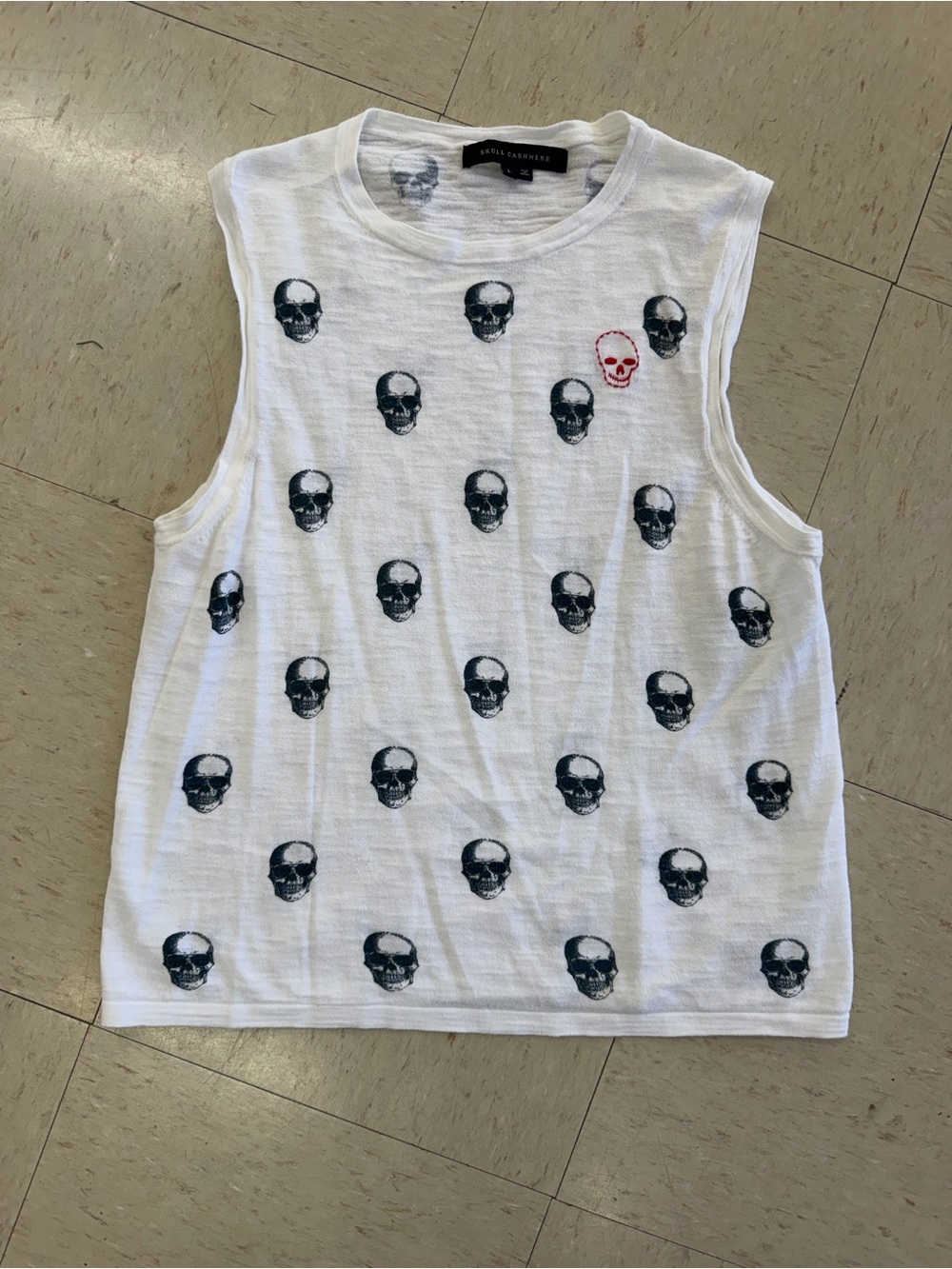 Skull Cashmere White Tank with Black Skull Print and Red Skull Accent